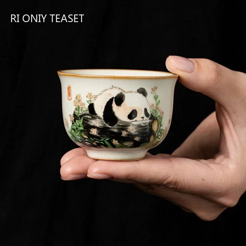 1 Pc Chinese Tradition Ru Kiln Ceramic Tea Cup Hand-painted Cute Pandas Tea Bowl Handmade Teacup Exquisite Household Tea Set