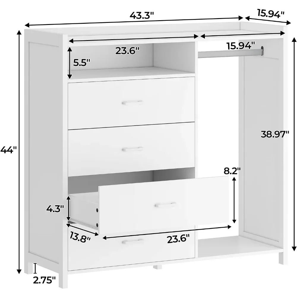 Dressoir voor slaapkamer met kledingrek, dressoirs en ladekasten, 4-lade dressoir met LED-verlichting, modern lang led-dressoir