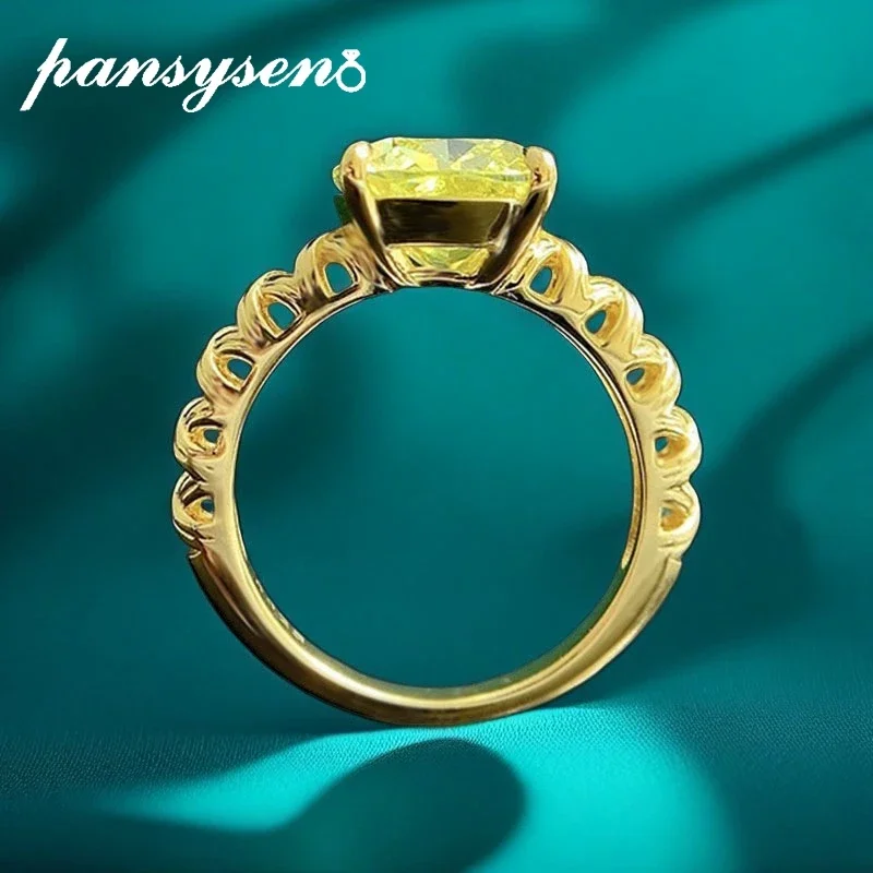 PANSYSEN 100%  925 Sterling Silver 9*11MM Yellow Green High Carbon Diamond Ring Party 18K Gold Plated Rings for Women Wholesale