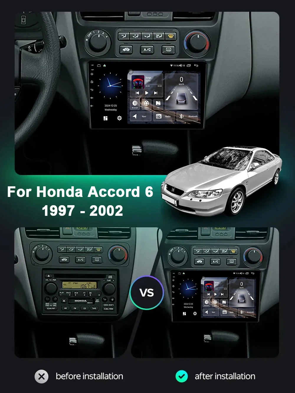 Car Radio Touch Screen For Honda Accord 6 1997 -2002 Android 15 Multimedia Player Wireless Carplay GPS Navigation WIFI Head Unit
