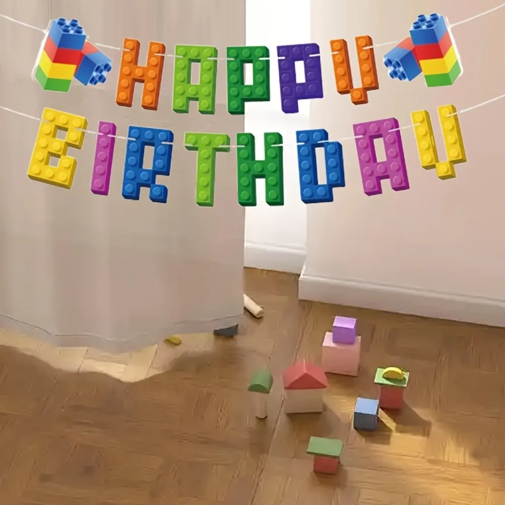 Building Block Flags, Colorful Building Block Party Props, Decorative Banners, Birthday Party Supplies Set, Home Decoration, Party Atmosphere Creation Props