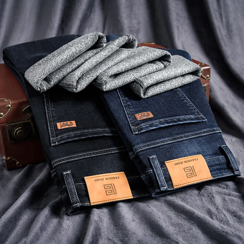 

Nice Autumn Winter Brand Men's Fitted Straight Jeans Classic Style Fleece Thick Warm High Quality Slim Denim Jeans