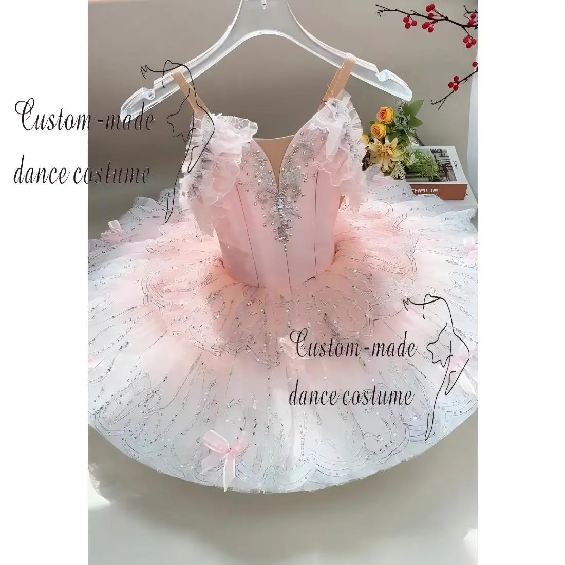 Sweet Pink Fairy Princess Ballet Tutu Decorated with Silver Rhinestones and Satin Bows, Fluffy Gradient Tulle, Ideal for Dance T