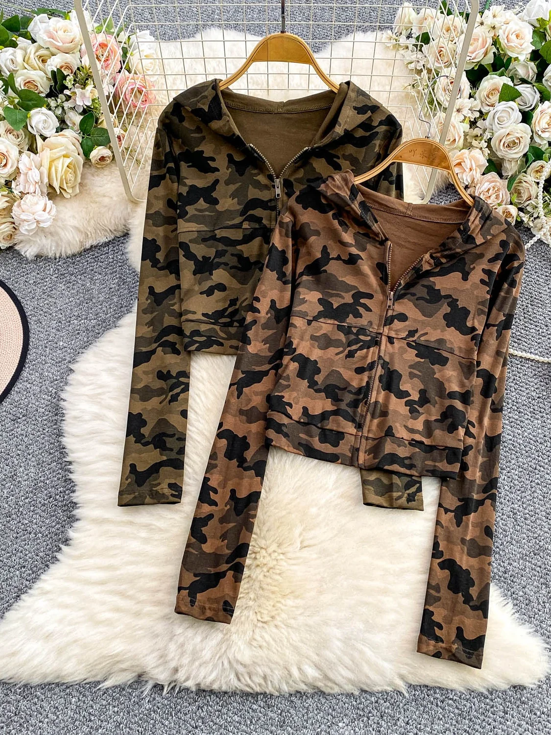 Retro American Camouflage Hooded Long Sve Women's Jaet Slimming ort Sle Faionable Outerwear for Autumn Sun Protection