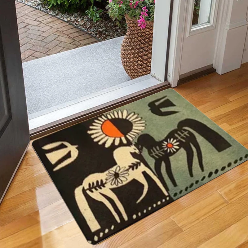 Abstract Animal Rug – Black/Beige Zebra & Antelope Silhouettes, Sun Motif, Non-Slip Backing, Indoor/Outdoor, Hand Washable