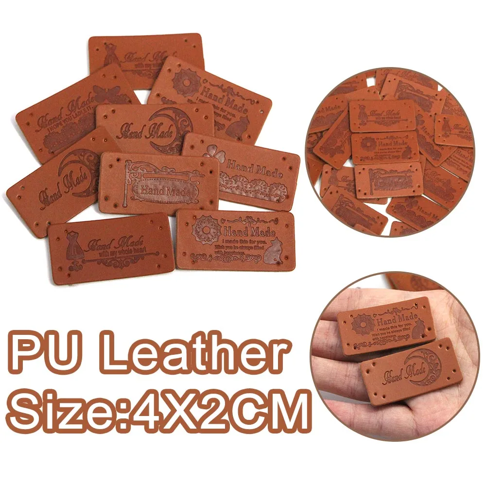 20Pcs Brown Leather Tags Handmade Labels Hand Made Butterfly Moon Cat Sewing Label For Clothes Hats Garment Accessories 4x2CM