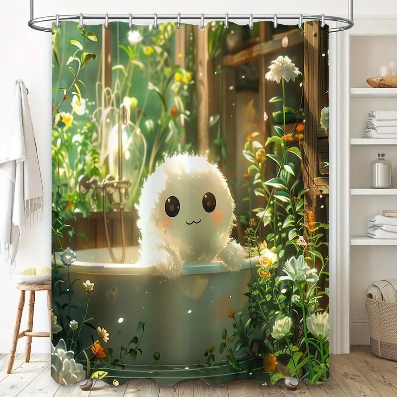 Adorable Cute Creature Shower Curtain for Bathroom - Soft and Plush Design with Floral Background Waterproof  Durable Easy-Clean