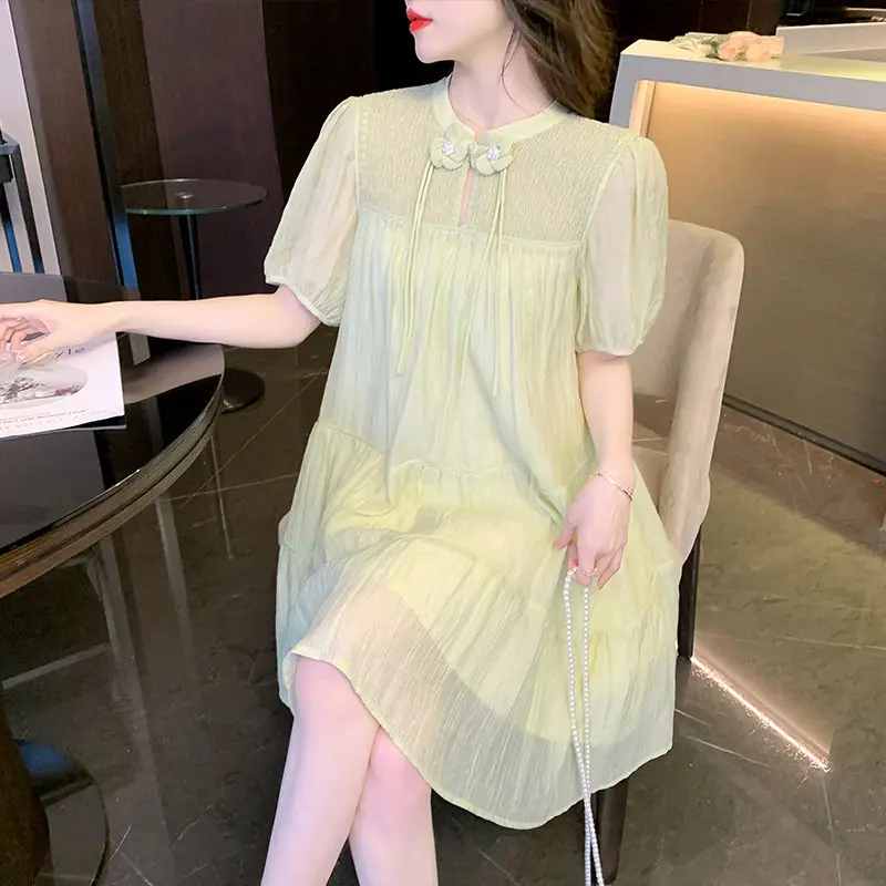 

New Chinese-style Knot Button Dress 2025 Summer New Collection Puff Sleeve High-end Doll Dress for Women