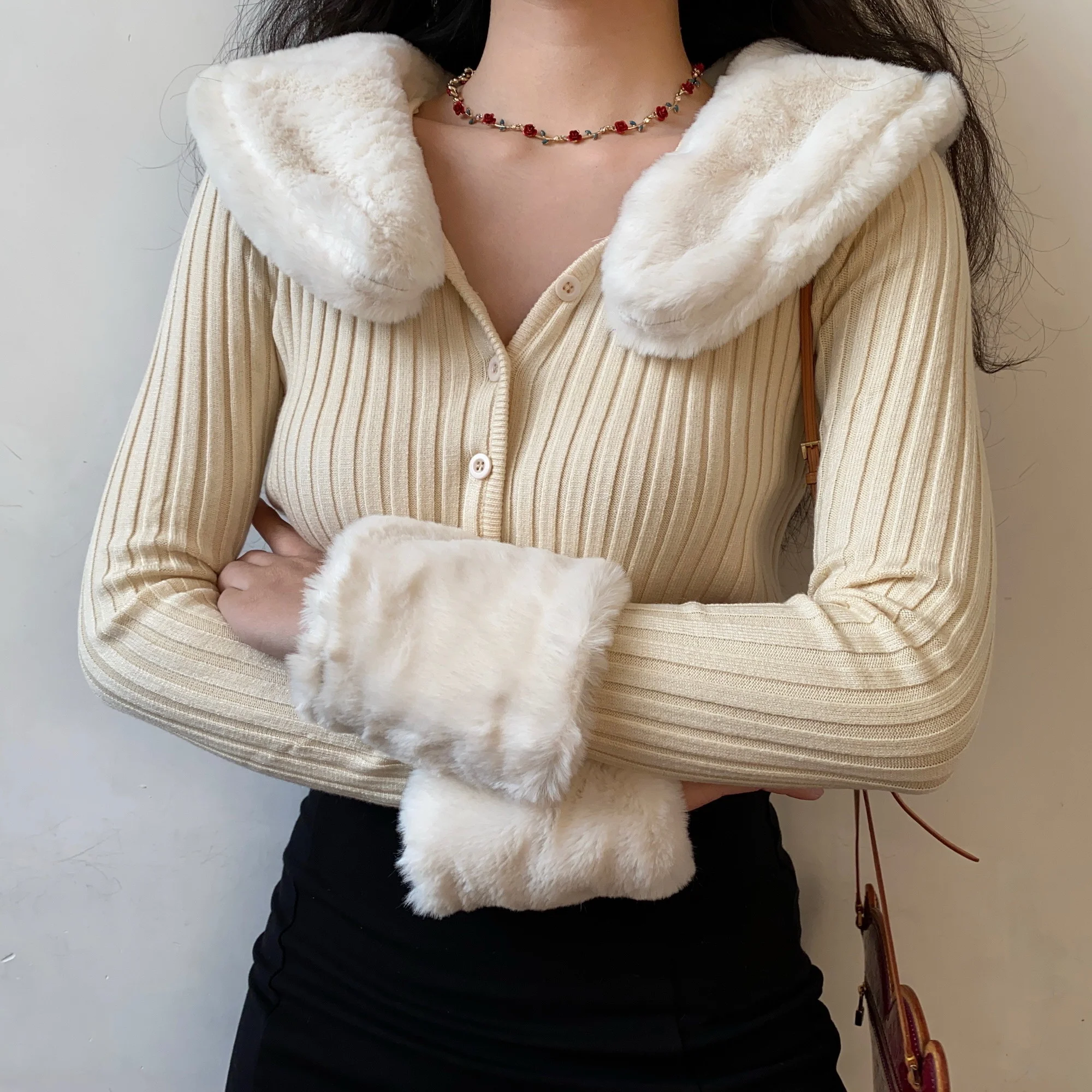 Fashion Trend Removable Rabbit Fur Collar Long Sleeve Slim Knitted Sweater Winter Solid Color Cardigan Fashion Swater New 9NY5