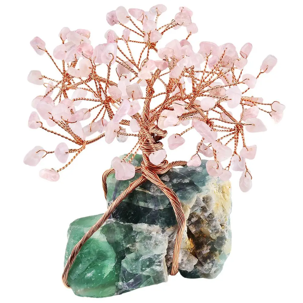 Natürliche Raw Fluorit Basis Kupfer Draht Gewickelt Rose Quarz Chips Stein Geld Baum Bonsai Glück Feng Shui Figurine Ornament