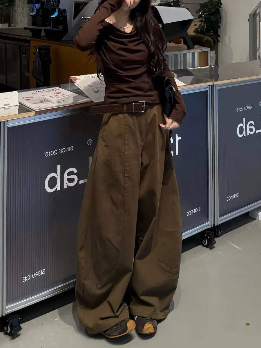 Retro American Coffee Color Wide Leg Knife  Jeans Women plus Size Loose High Waist Straight Workwear Pants Casual Denim
