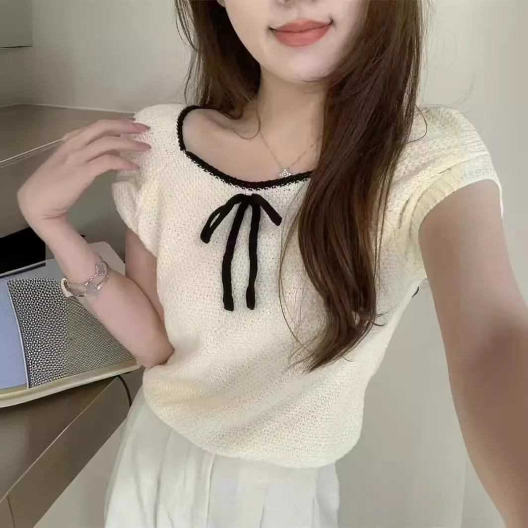 

Bow Short Sleeve Knitted T-Shirt Women's Summer Short Top