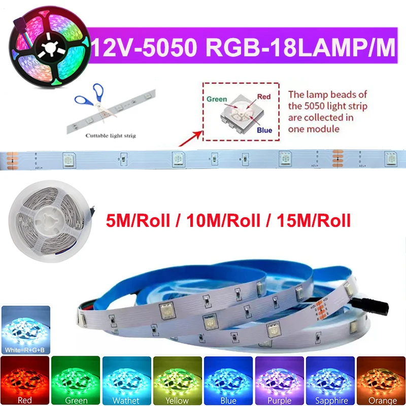 20M 12V Wifi Bluetooth Rgb Led Strip Lights APP Control Music Sync Remote Led Tape Lights Ac100-240V Adaper For Gaming Room