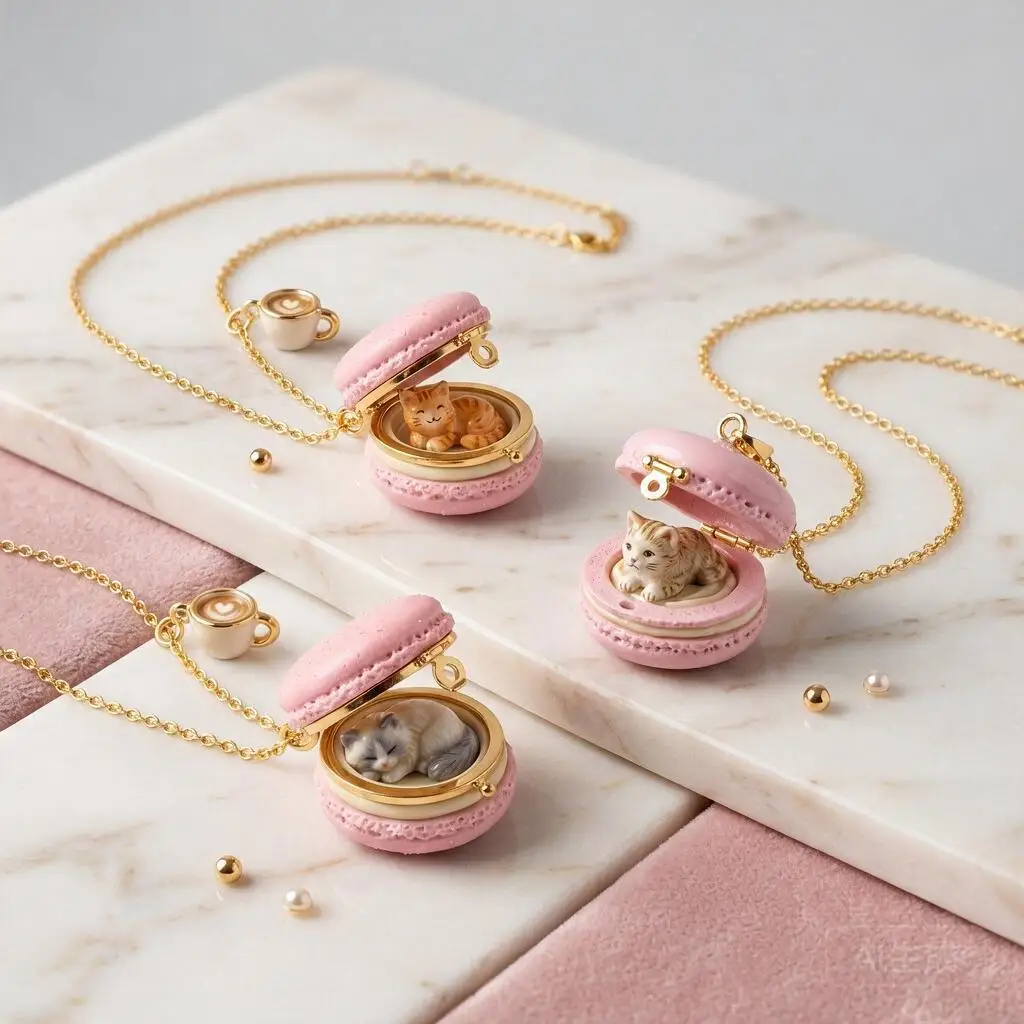 Cute Hinged Pink Enamel Macaron Locket Necklace With Mini Cat Inside Dainty Gold Chain Kawaii Jewelry Gift For Women Cat Lovers
