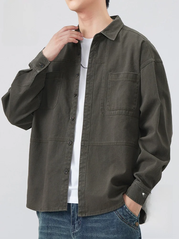 

Loose Casual Monkey American Workwear irt Jaet for Men Autumn New Sle Cotton Fabric Anti-Wrinkle Long Sve