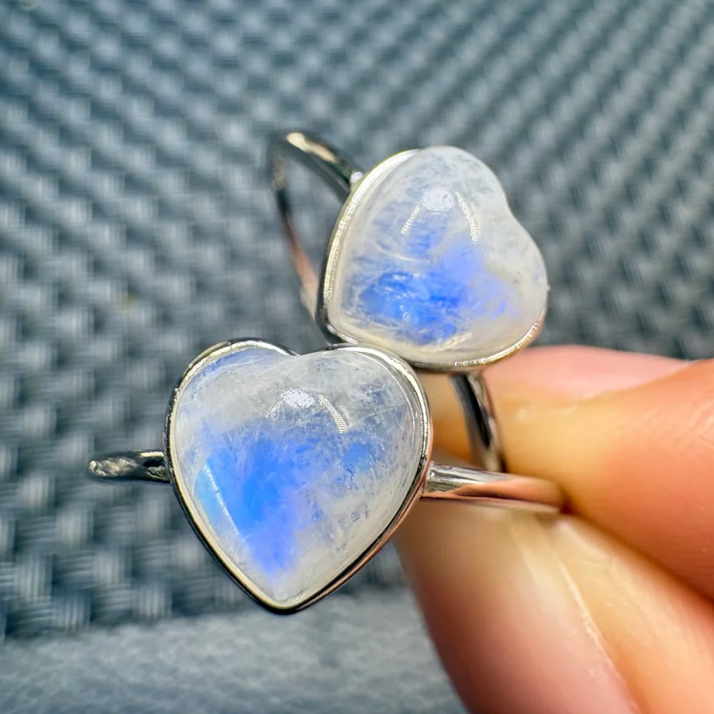 1 Pc Fengbaowu Natural Blue Moonstone Heart Ring 925 Sterling Silver Resizable Fashion Jewelry Gift Women