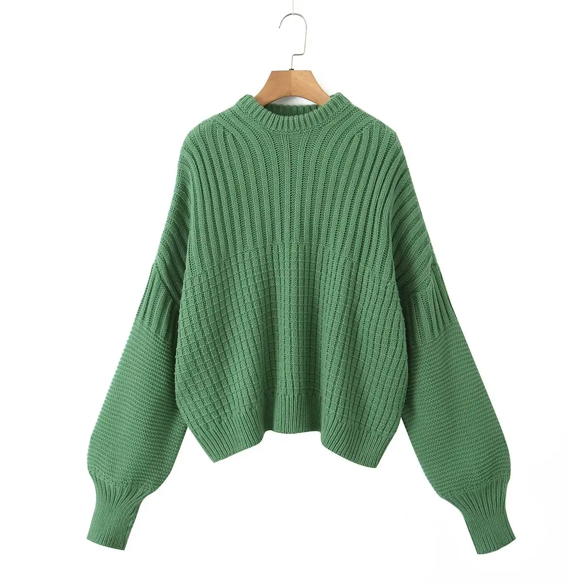 Dave&Di French Minimalist Round Neck Green Basic Knitwear For Autumn Winter Fashion Elegant And Loose Sweater Women
