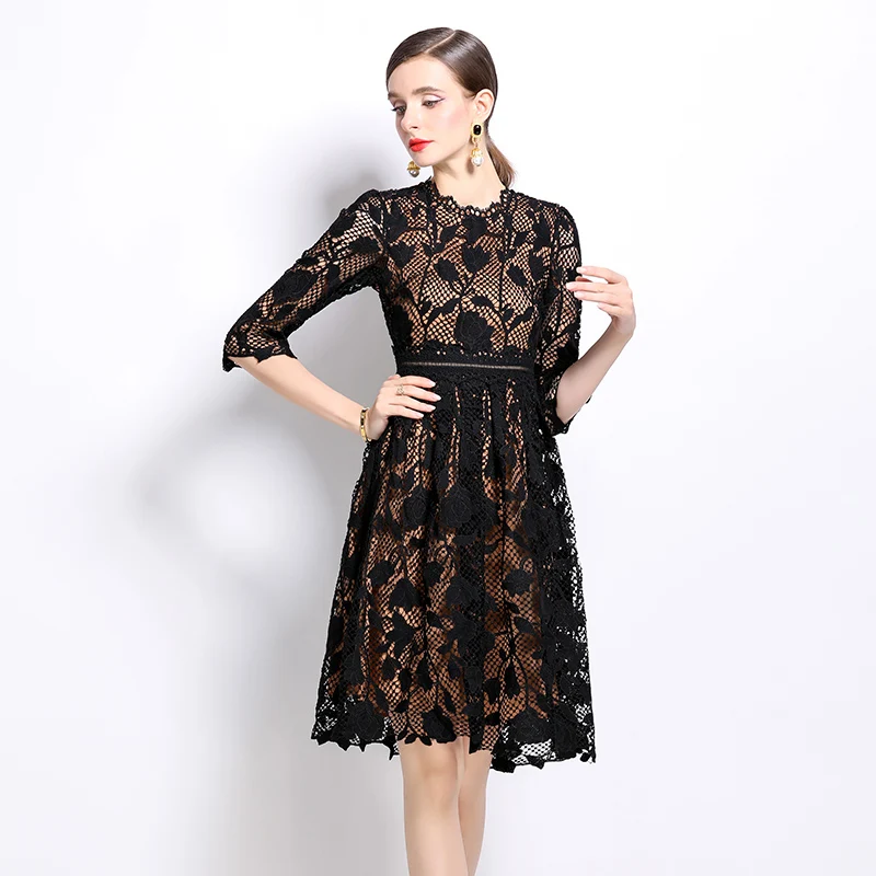 ชุดเดรสงานพรอมลูกไม้ลายฉลุสำหรับผู้หญิงชุดเดรสแขนสั้นเข้ารูปปักลายสำหรับฤดูร้อน