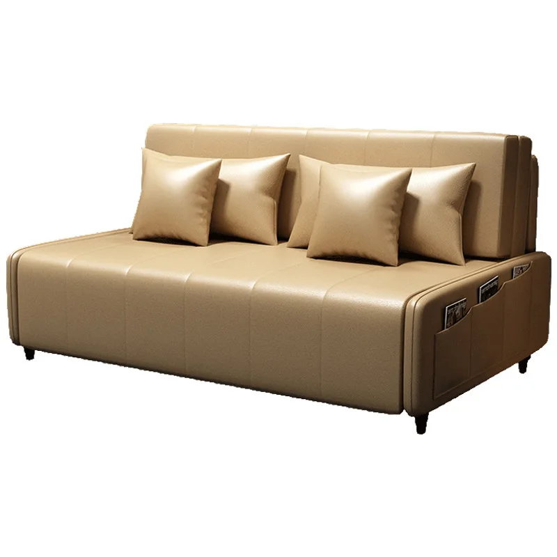 Leather art sofa bed, dual-purpose foldable, small apartment living room, multi-functional storage