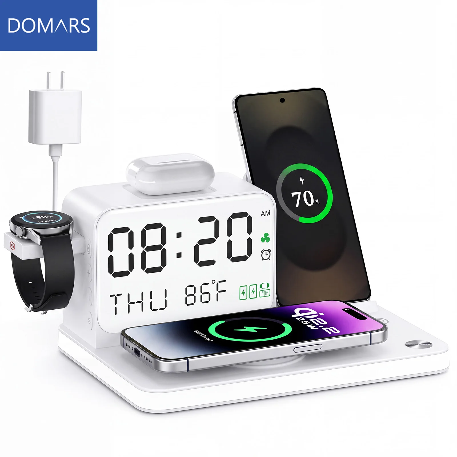 Domars 7‑in‑1 Magnetic Wireless Charger Station With Clock Night Light Bluetooth Time 45W Fast Charging Dock Station
