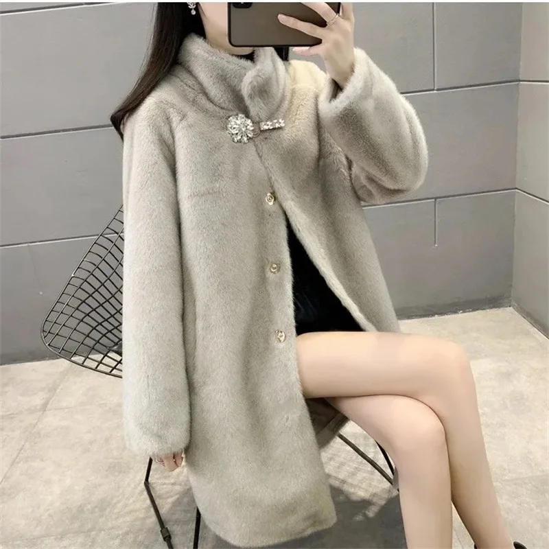 Mink Fleece Coat Medium Long Fur One Piece Coat Gold Mink Fleece Coat 2023 Winter New Standing Collar Fur Coat Solid Commuter B1