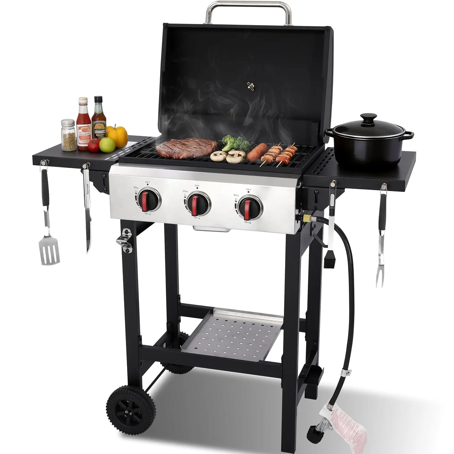 3-Burner Propane Gas Grill with Cast Iron Grate, 30,000 BTU Output & 252 Sq. Inch Cooking Space, Easy-Clean System, Customized