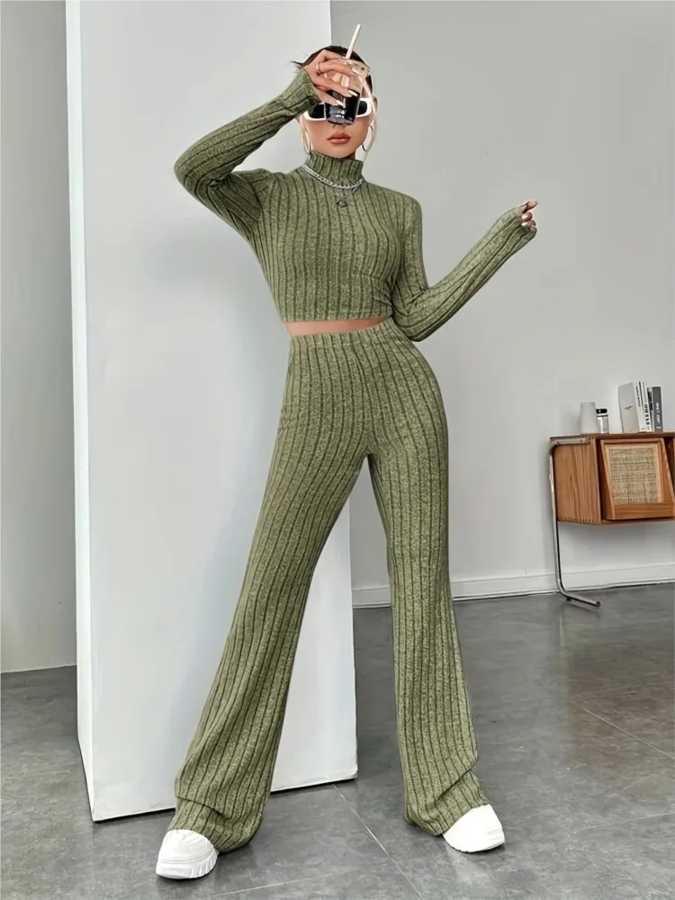 Fashion Half Turtleneck Long Sleeve Cropped Top + Flare Pants 2-piece Set For Women Autumn Solid Color Slim Knitted Suit Female