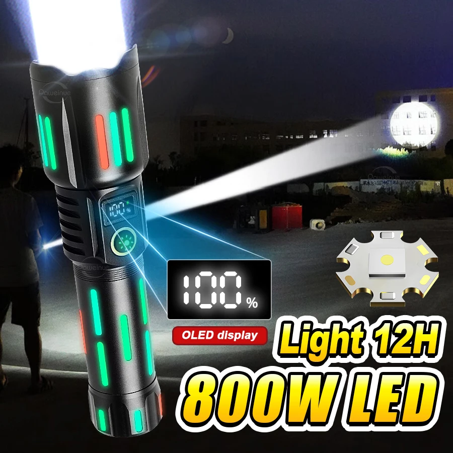 800W High Power White Laser Flashlight with Luminous Strips 4500 Meter Long-Range TYPE-C USB Rechargeable Zoomable Camping Lamp