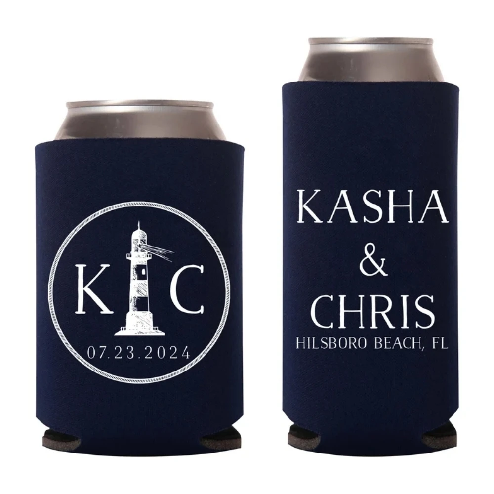 Custom Wedding Can Coolers,Beer Insulators, Beverage Holder, Huggies Favors, Beach Lighthouse, Expensive Wedding