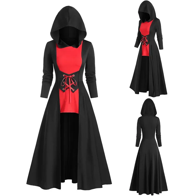 Medieval Costume Vintage Dress Lace-up Hooded Robe Cloak Knight Gothic Wizard Vampire Cosplay Halloween Carnival Dress Up Party