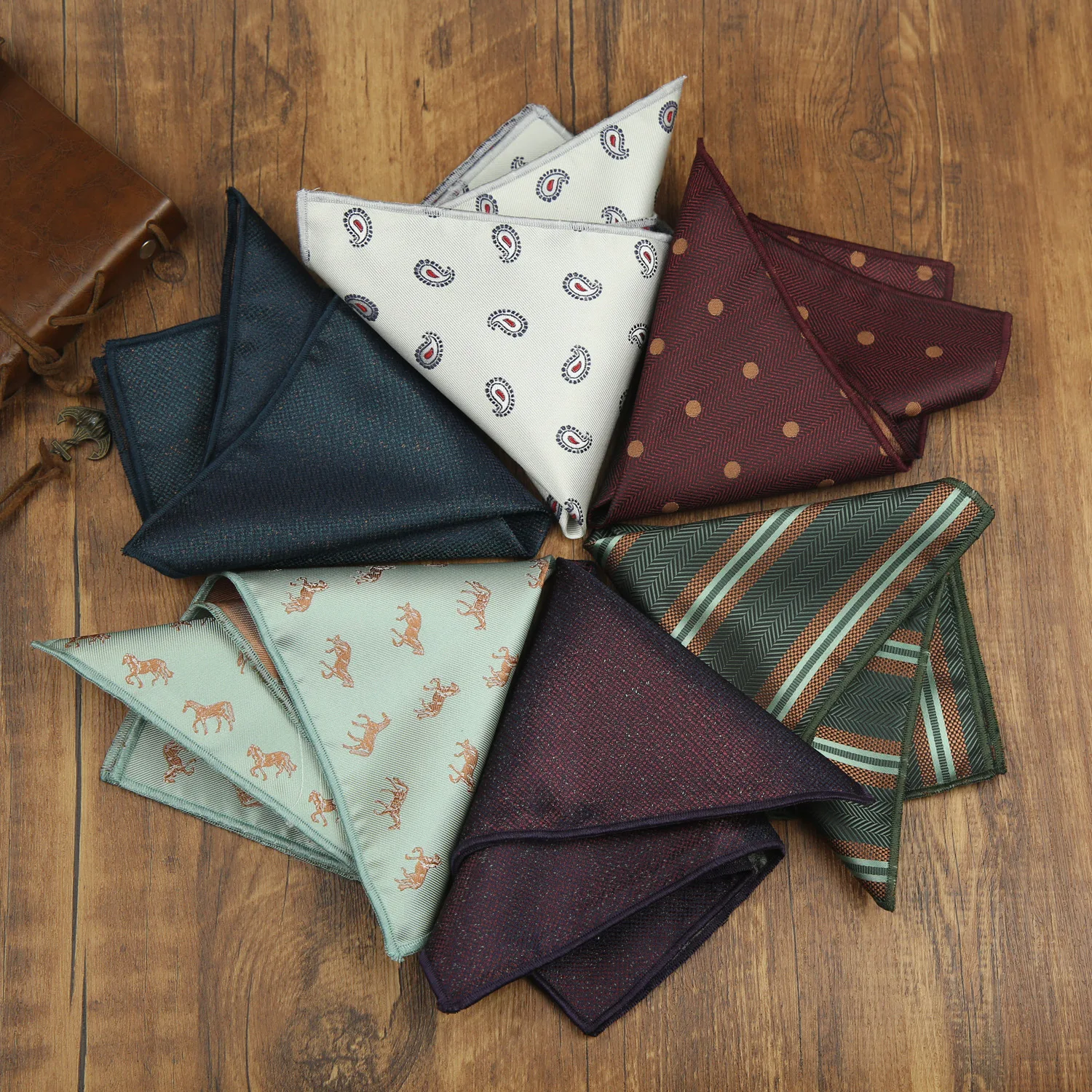 24cm New Trendy Mens Pocket Square Polyester Jacquard Green Striped Handkerchief White Polka Dot Hanky Wedding Groom Tuxedo Ties