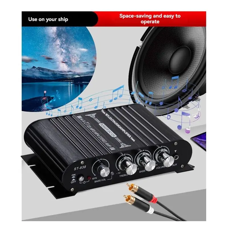 Y47A ST-838 Mini HiFi 2.1 Channel Amplifier, Stereo for Bass Sound for Amp for Car Home, for Bass Treble Adjustment, 12V, US
