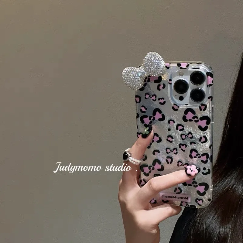 Funda con estampado de leopardo colorido, destellos, moño de diamante y forro brillante para iPhone 16 15 14 Plus 13 Mini 12 Pro Max 11 7 8 SE X XS XR 3