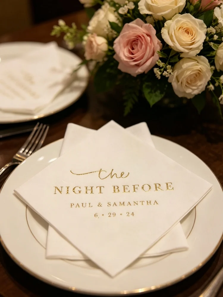 

Custom Gold Metallic Foil Monogram Printed Cocktail Beverage Luncheon Paper Napkins Disposable Rehearsal Dinner Welcome Party