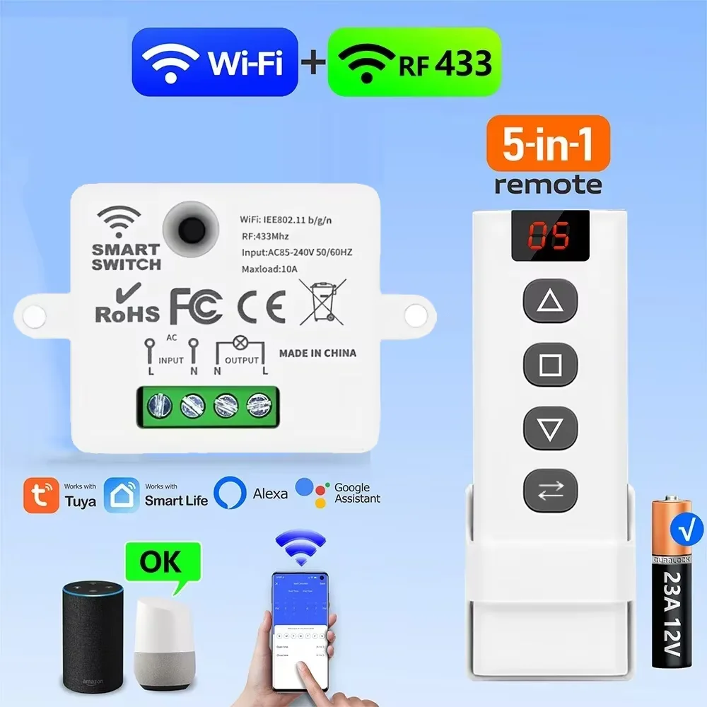 KEBIDUMEI WiFi RF Curtain Smart Switch Tuya Smart Life Module for Roller Shutter Window 5-in-1 Remote Control for Garage Door