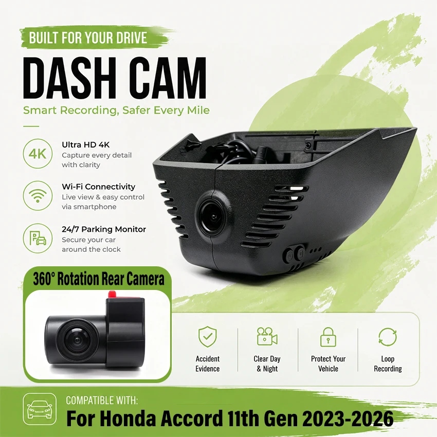 New! 4K 2160P HD Easy Installation Wifi Car DVR Dash Cam Dual Lens for Honda Accord 11th Gen 2023-2026 Plug And Play Dashcam