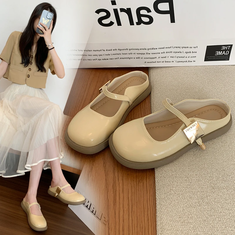 White Increase Thick Sole Baobao Slippers Female Summer Wear 2024 New French Soft Sole Non-slip Half Drag Mary Jane Shoes