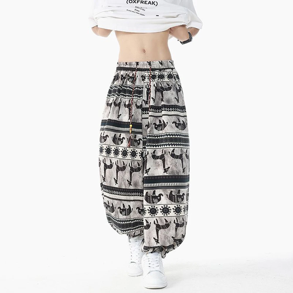 

Mens Harem Bloomers Retro Printed Ice Silk Casual Pants Summer Streetwear Loose Sports Wide Leg Pants Men'S Clothing 2025 New
