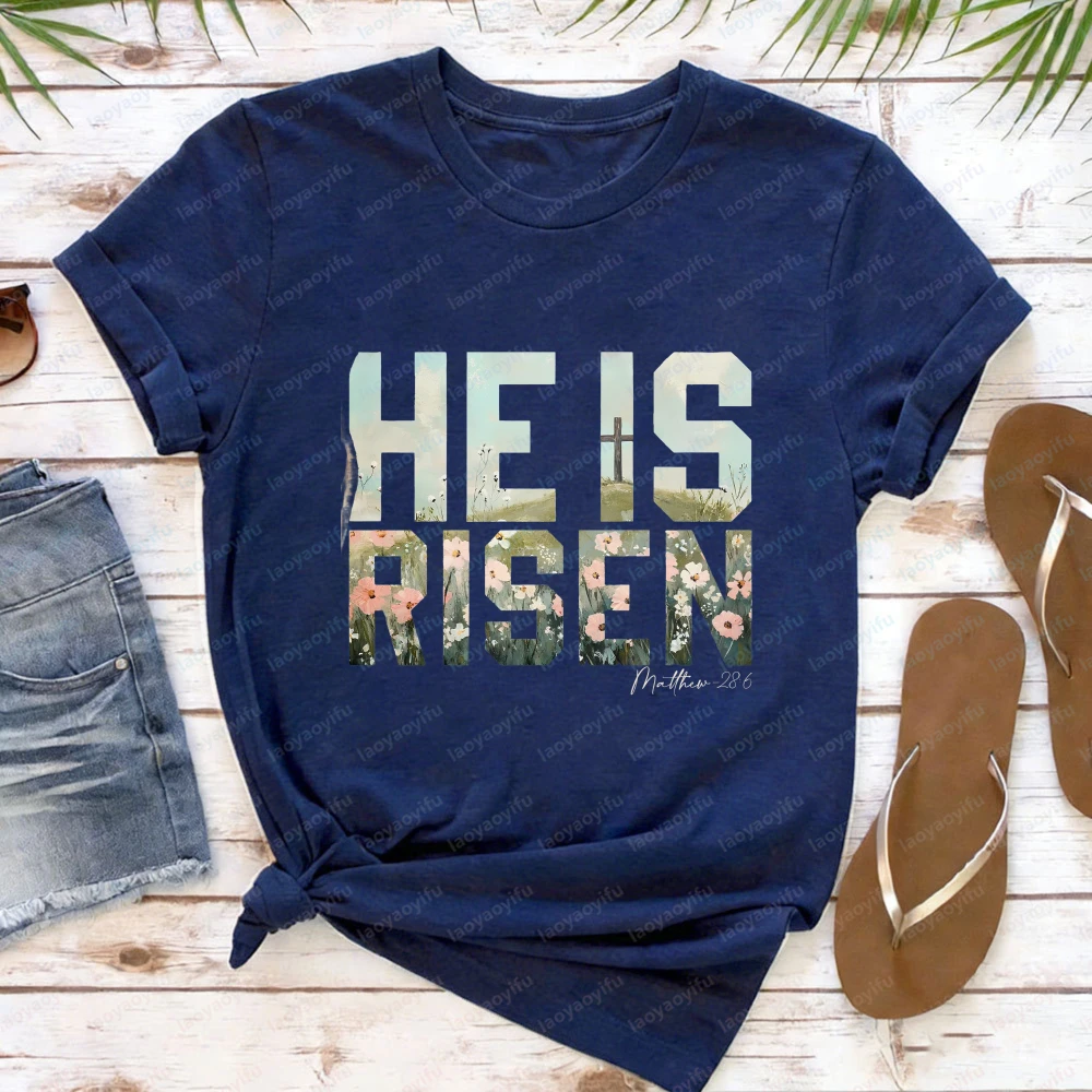He Is Risen Matthew 28 6 Easter T Shirt for Women Christian Religious Graphic Tees Casual Short Sleeve Faith Based Holiday Tops
