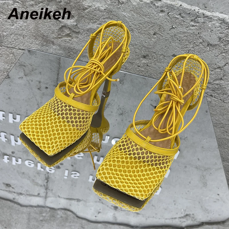 Aneikeh 2024 Summer Sexy Mesh Pumps Sandals Female Square Toe High Heel Lace Up Cross-Tied Stiletto Hollow Dress Party Shoes