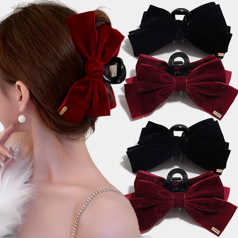 

Korean Women Large Double Bowknot Shark Clip Velvet Hair Clips Barrette Bow Hair Claws Grips Fashion Hairpin Hair Accessoires