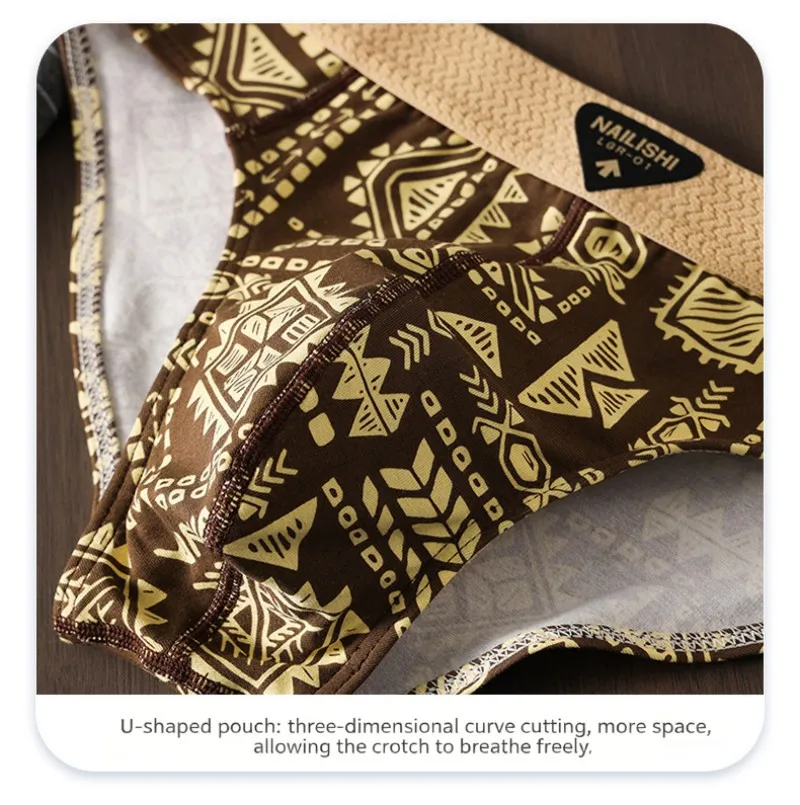 3-teiliges Set Herren-Baumwollslips im Retro-Ethno-Stil Bedruckte Unterwäsche Weiche Atmungsaktive Mittelhoch Sitzende Slips Komfortable Dehnbare Alltagsunterhosen – Detail 7