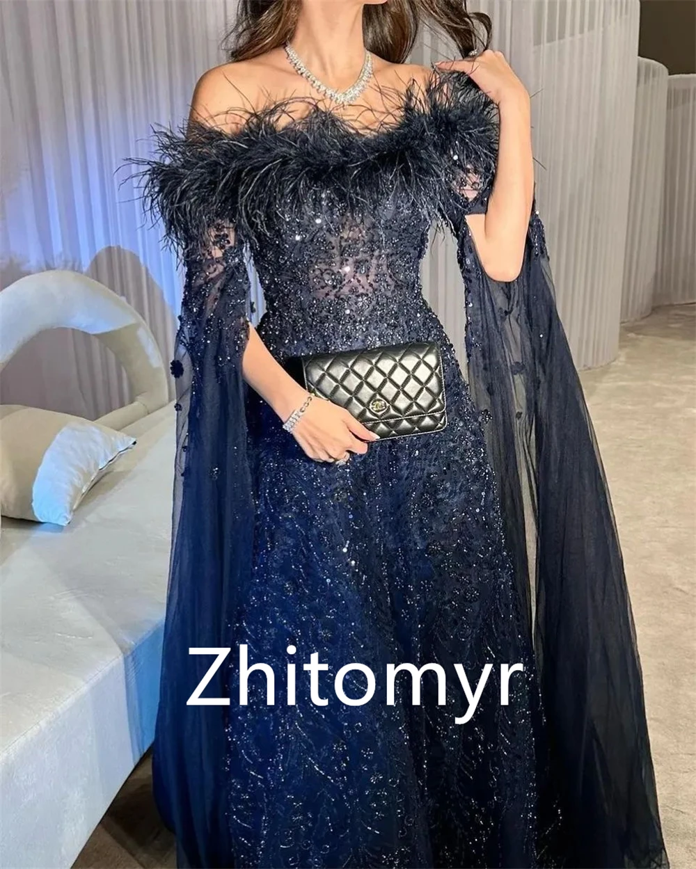 Customized Intricate Elegant Off-the-shoulder A-line Party Dresses Paillette / Sequins Feathers Flower Floor length Organza Even