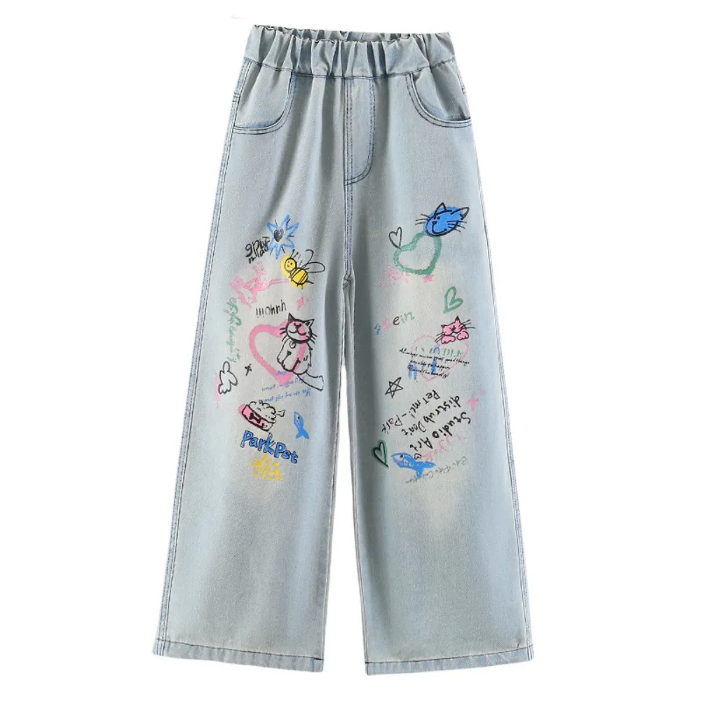 

Cute Straight Teen Girl Jeans Graffiti Loose Children Cartoon Jeans Streetwear Wide Leg Girls Denim Trousers Spring Autumn