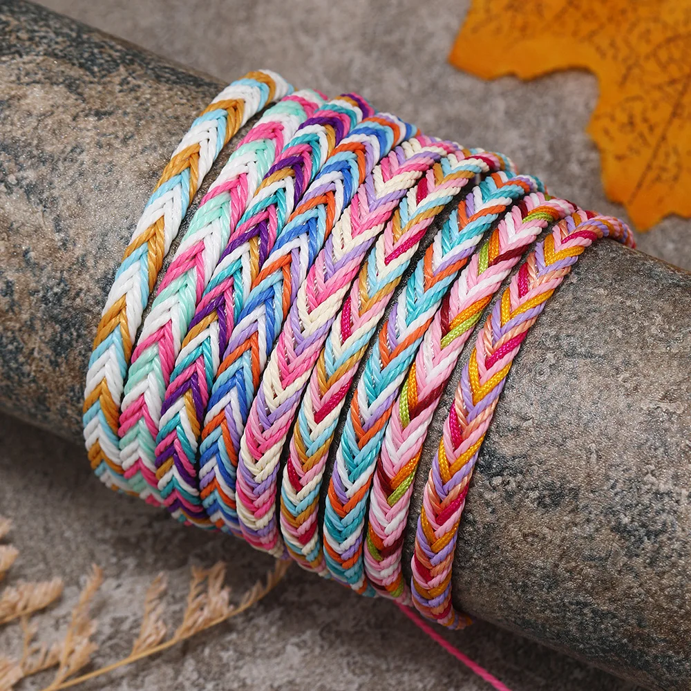 12pcs New Colorful Gradient Wax Thread Handwoven Adjustable Pulling Rope Ethnic Style Bracelet