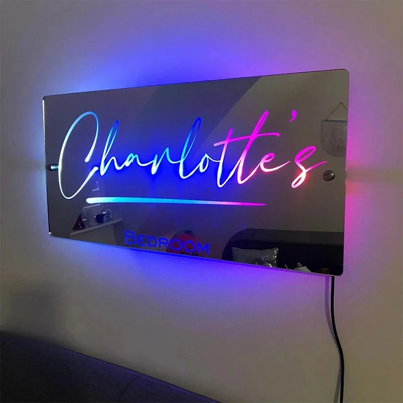 Personalized Name Mirror LED Light Custom Name Night Light Door Plate Home Room Entry Door Dormitory Signage Room Decor Gift