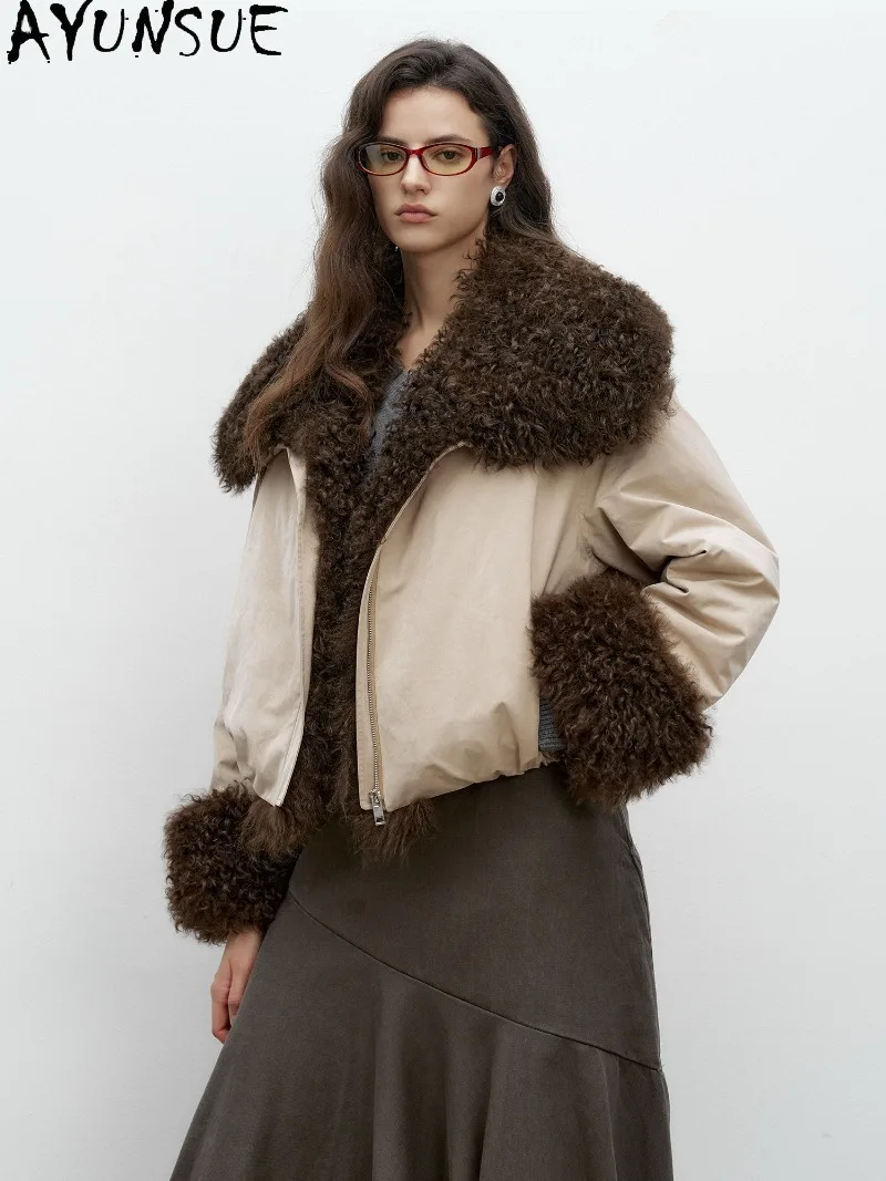 AYUNSUE Female Sheep Curly Fur Collar Shearling Parka White Goose Down Coat Womens Winter Clothibg Short Loose Fit  سترات نسائية