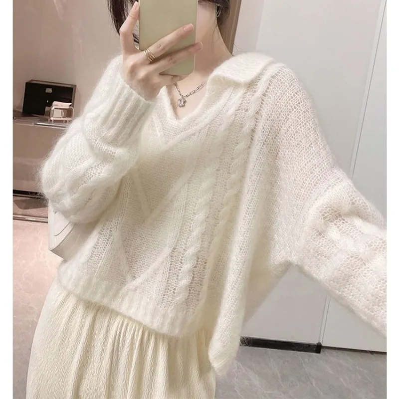 White V-neck Hollow Out Sweater Women Autumn Simplicity Loose Long Sleeve Knitwear Fashion All-match Trend V-neck Knitting Tops