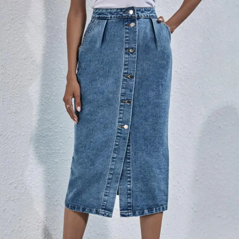 

Single Breasted Denim Skirt Women 2023 Summer Streetwear Casual Pocket High Waist Straight Jeans Skirt New p931