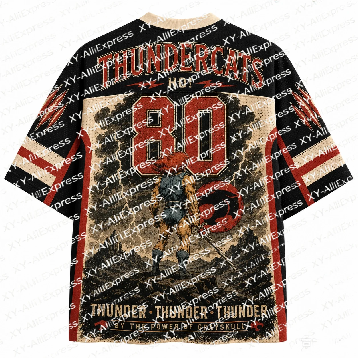 Worn Retro Cartoon Poster Jersey. Antique Faded Base, Fierce Hero & Storm Symbols, Gritty Vintage Aged Print Texture.